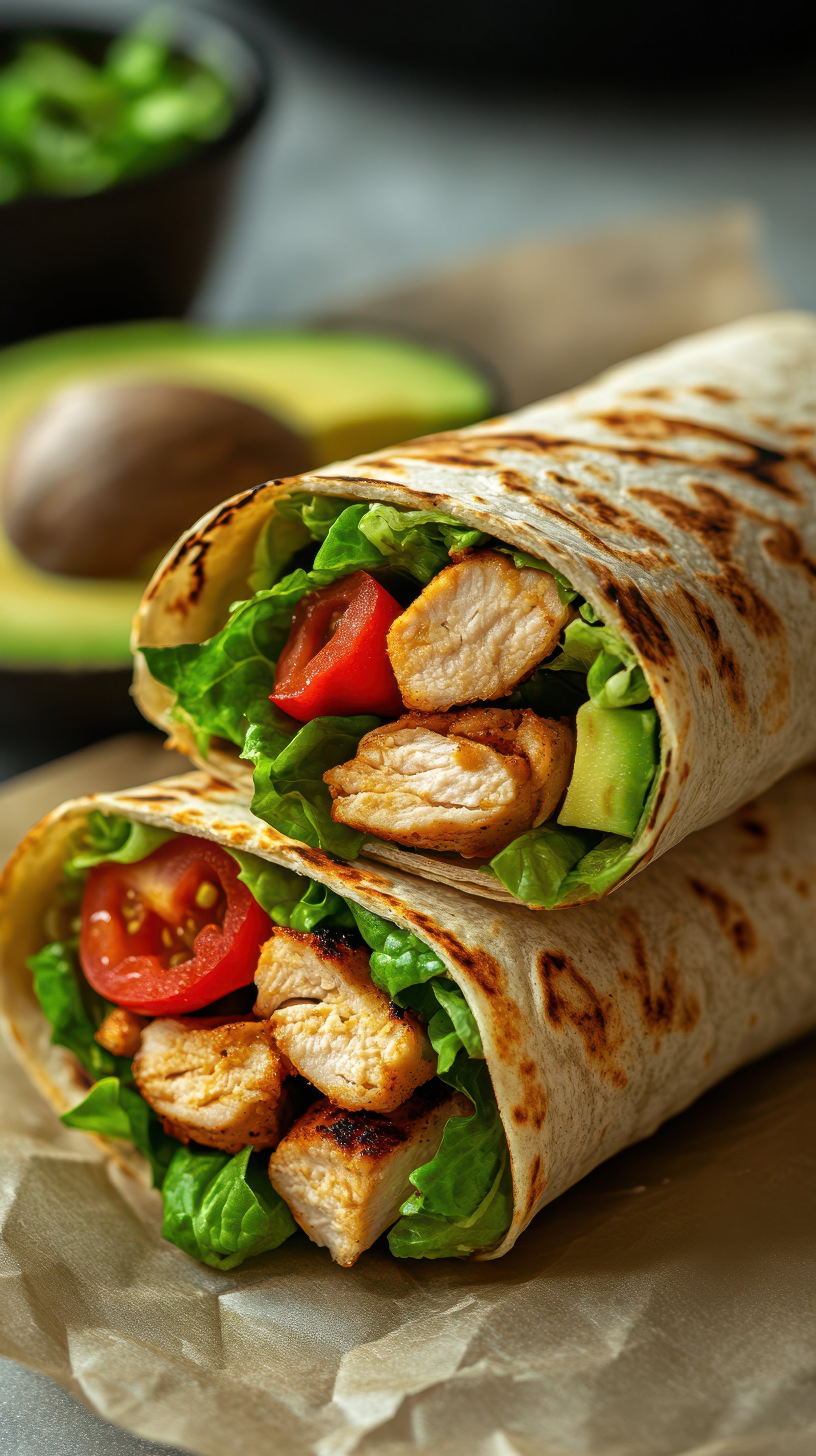 Delicious wrap filled with grilled chicken, fresh vegetables, and creamy avocado prepared in a cozy kitchen setting